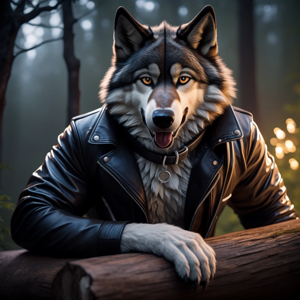 Posing, lying on log, Male, 30 years old, happy, mouth open with tongue hanging out, black leather jacket, anthro, wolf ears, (black fur:1.5), wolf, forest background, 8k, hi res, (best quality, masterpiece), (wolf tail:1.5), detailed fur, solo, looking at camera, night, leashing and collar,