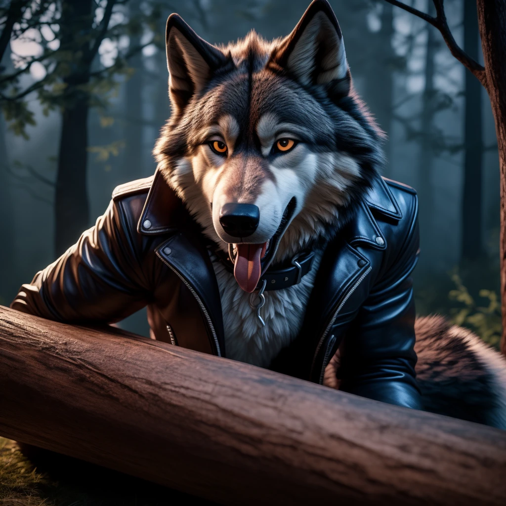 Posing, lying on log, Male, 30 years old, happy, mouth open with tongue hanging out, black leather jacket, anthro, wolf ears, (black fur:1.5), wolf, forest background, 8k, hi res, (best quality, masterpiece), (wolf tail:1.5), detailed fur, solo, looking at camera, night, leashing and collar,