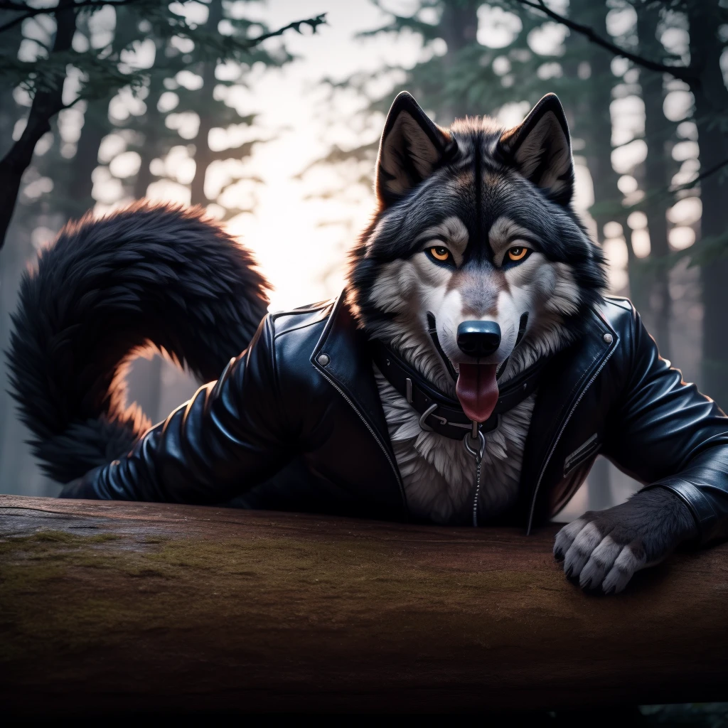 Posing, lying on log, Male, 30 years old, happy, mouth open with tongue hanging out, black leather jacket, anthro, wolf ears, (black fur:1.5), wolf, forest background, 8k, hi res, (best quality, masterpiece), (wolf tail:1.5), detailed fur, solo, looking at camera, night, leashing and collar,