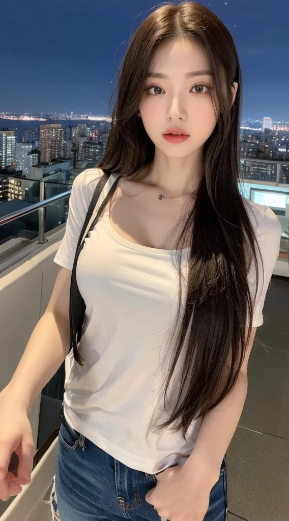 ((Midnight, Best quality, 8k, Masterpiece :1.3)), Whole body, Long legs, Sharp focus :1.2, A pretty woman with perfect figure :1.4, Slender abs :1.1, ((Dark brown hair, Big breasts :1.2)), (White tight tshirt, Jean bib, Standing:1.2), ((Night city view, Rooftop:1.3)), Highly detailed face and skin texture, Detailed eyes, Double eyelid