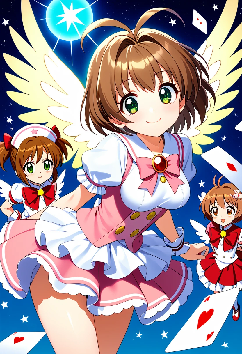 ((Highest quality)), ((masterpiece)), (be familiar with), Perfect Face, Big eyes, Drooping eyes, eyelash, The sparkling light of the eyes , (card captor sakura), (kinomoto sakura), green eyes, short brown hair, antenna hair, intake, magical girl ta fashion, (mini skirt), medium breasts, smile, closed mouth