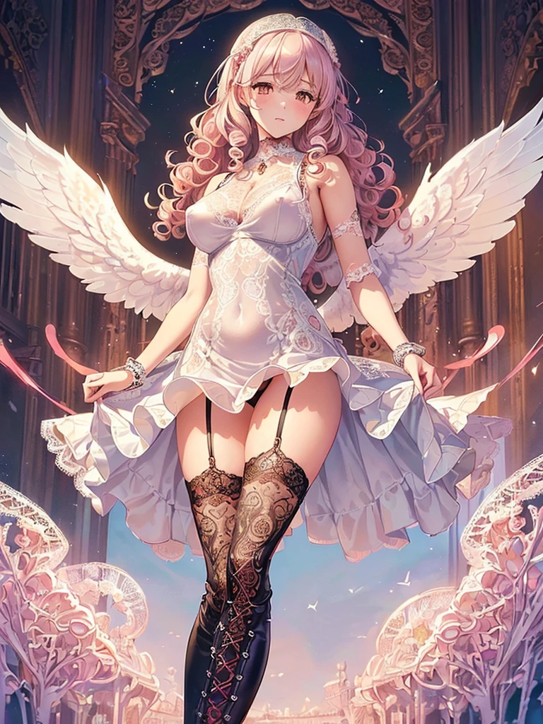 ((Highest quality)),(Ultra-high resolution),(Very detailed),(Detailed Description),((The best CG)),(A masterpiece),Ultra-detailed art,Amazing painting art,(Works with precise details:1.5), (1 female:1.6),(Beautiful and well-proportioned face:1.5),(Curly Hair:1.6),(Intricately detailed lace dress:1.8),Fine jewellery with exquisite detailing:1.5,Waist Accessories:1.5,Look at me and smile:1.5, (See-through nipples:1.1),, Angel Girl, (((Magnificent white angel wings on his back:1.2))), Mature Woman,Descended into the church,(Pastel colored hair:1.3),(Red and black long high heel boots:1.4), (garter belt), (stockings)、 (Floating in the sky with magical powers:1.2),(Floating skirt:1.5), (Embarrassed expression, blush:1.2),(bracelet),(heart choker)