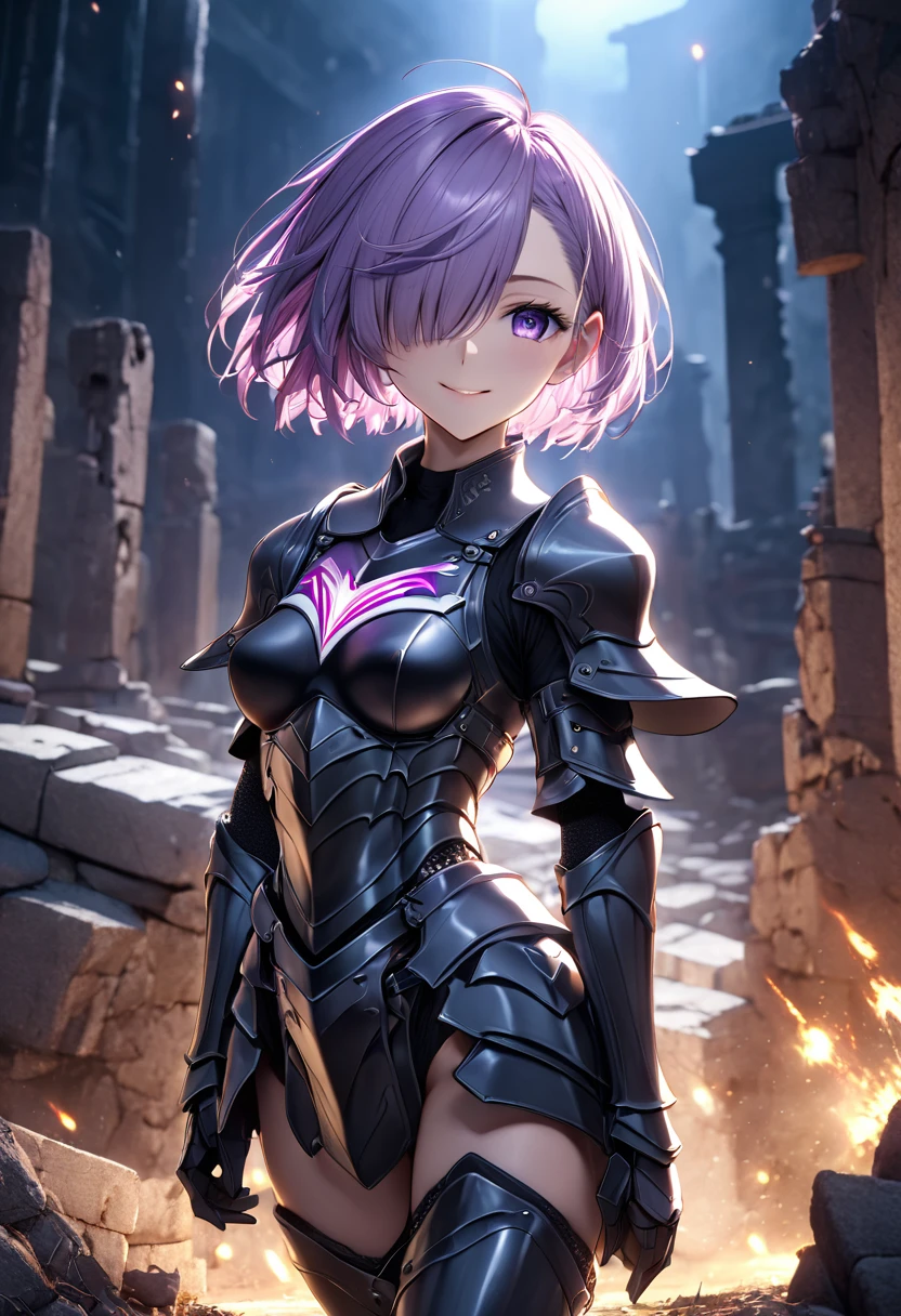 (masterpiece, top quality, best quality, beautiful and aesthetic:1.2), full body, SFW, extremely detailed, detailed face and eyes, cinematic light, depth of field, 1girl, seducing smile, solo, official, (full armored knight:1.4), dark armor, mash kyrielight, light purple hair, short hair, hair over one eye, slim body, cinematic lighting, dramatic lighting, dramatic atmosphere, hyper-realistic, high resolution, stunning contrast, high quality, best quality, 8k, 4k, intricately detailed, (amazing details:1.2), highly detailed skin, powerful presence, vibrant colors, (detailed eyes:1.2), striking eyes, (detailed background), (warzone on background, night, ruins), (dynamic angle:1.2), (dynamic pose:1.2)