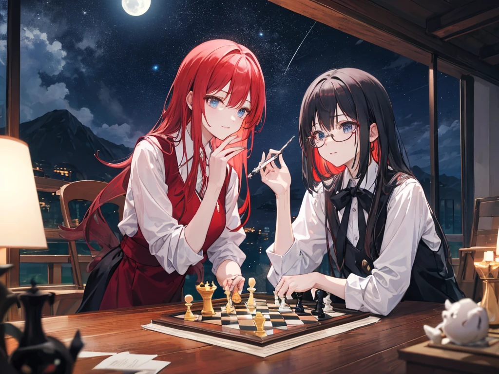 A red-haired woman and a black-haired man with glasses are playing chess in a fantasy place under the starry sky The moon is visible. They look happy, but there is a slight melancholy atmosphere.29Years old Best quality。4K