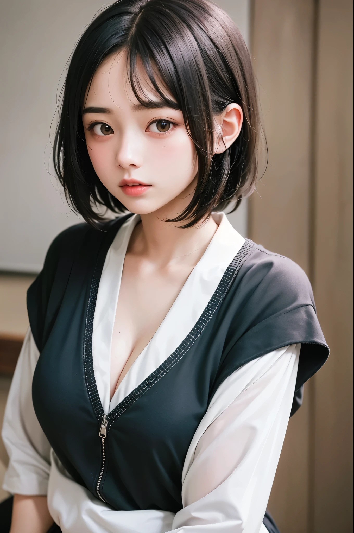 (1 nogizaka girl,ars old face,raw photo,photo realistic:1.5),(best quality, high quality,HDR, highest quality,ultra high resolution,high resolution,high res,ultra high difinition,huge file size,8K,2K wallpaper,8K wallpaper,high quality texture,amazing,an extremely delicate:1.4),one girl, Japanese famous idol,cute face,small face,absurd,ridiculous,incredibly ridiculous,blurry background,(school uniform,short hair,cleavage,no makeup:1.2),medium skin,beautiful skin,detailed skin,black hair,silky hair,black eyes,Japanese nose,5-fingers,(Light Particles, Lens Flare, Luminous Particles: 0.7),looking at viewer,bright lighting,professional lighting,girl