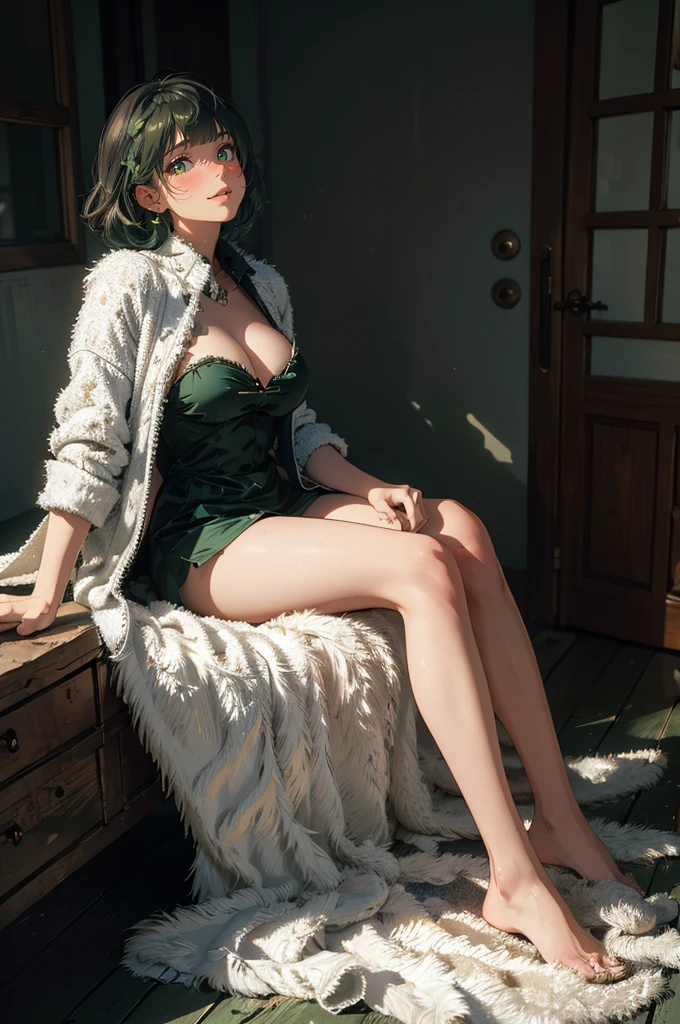 (masterpiece), (best quality), (ultra-detailed), (best illustration), (best shadow), (absurdres), Female, 25 years old, looking at viewer, steam, nsfw, serious, green hair, nose blush, light smile,