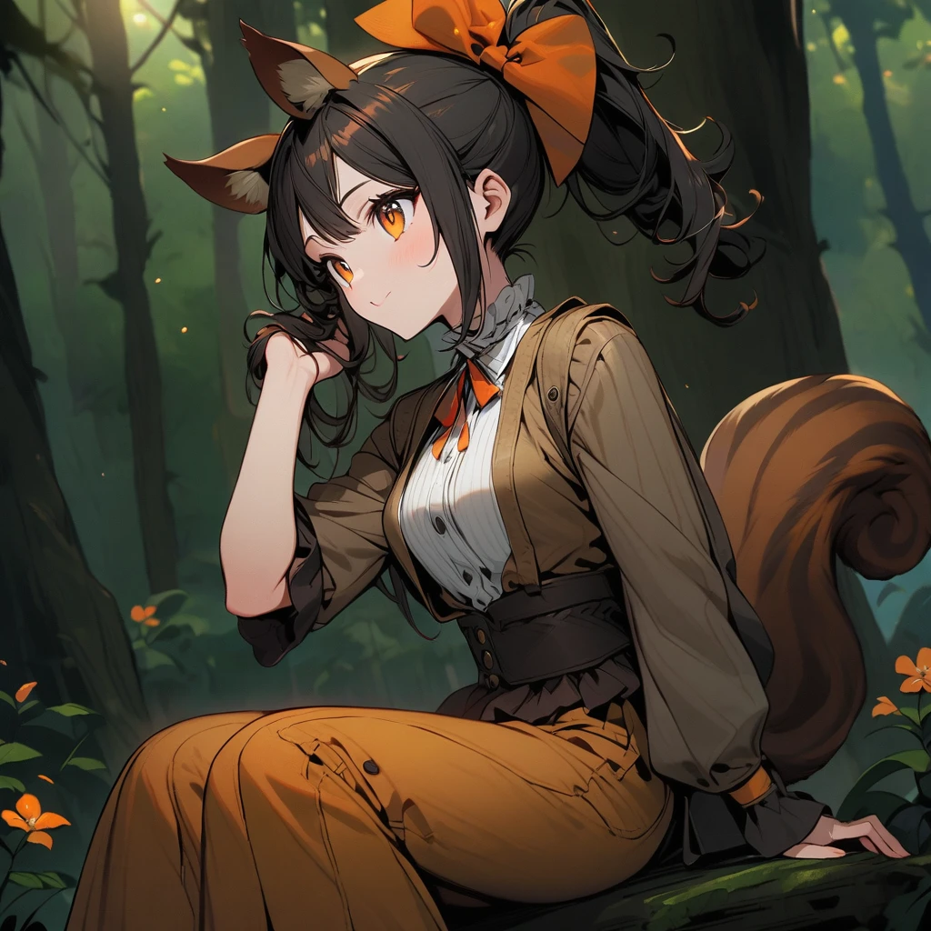 (well done:1woman, squirrel ears and tail, hair to the middle of her back orange with white tips with a small ponytail holding her hair, wears a white bow on her head, honey colored eyes, wears a brown jumpsuit, white shirt underneath, pants brown.  sitting on a rock in a forest