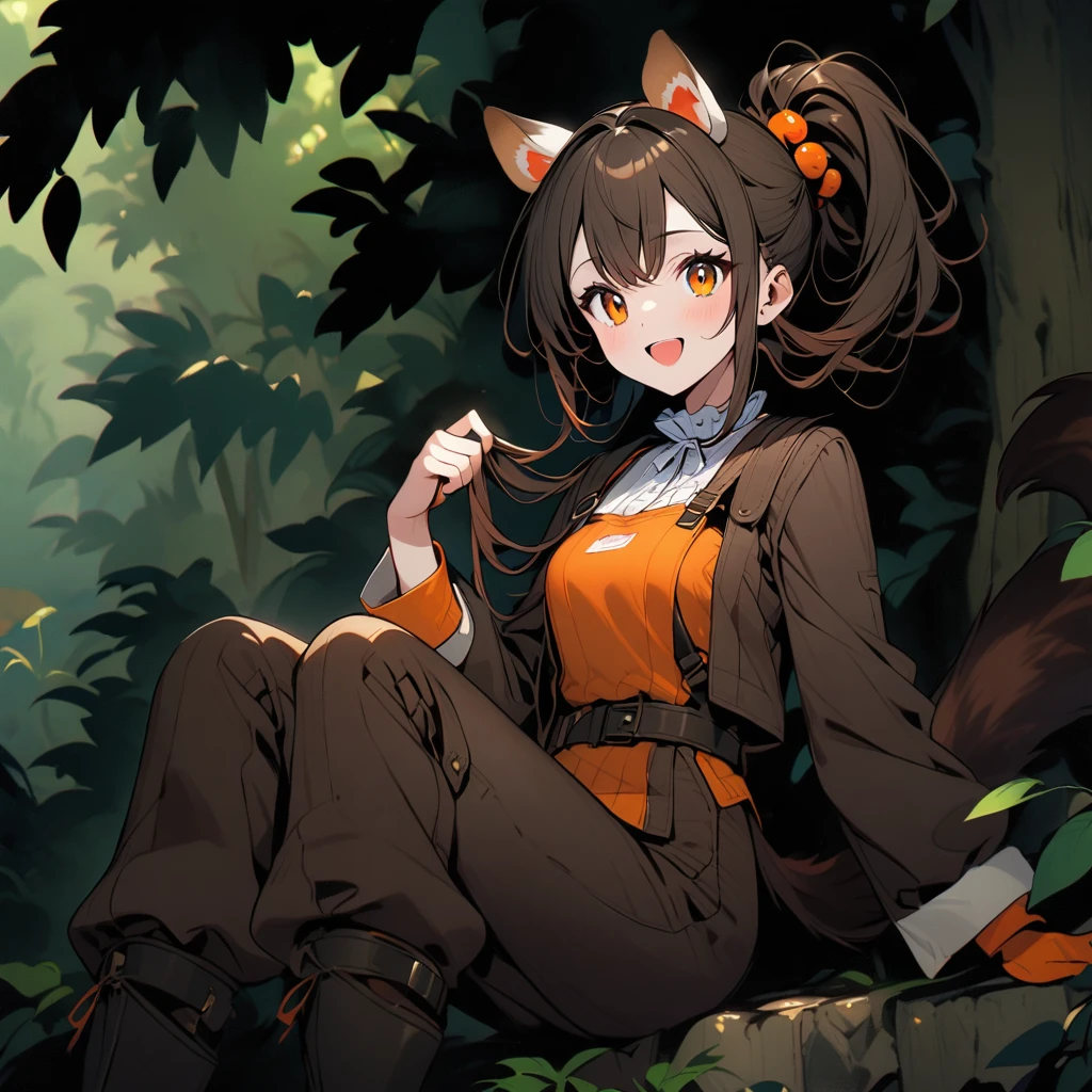 (well done:1woman, squirrel ears and tail, hair to the middle of her back orange with white tips with a small ponytail holding her hair, wears a white bow on her head, honey colored eyes, wears a brown jumpsuit, white shirt underneath, pants brown. sitting on a rock in a forest