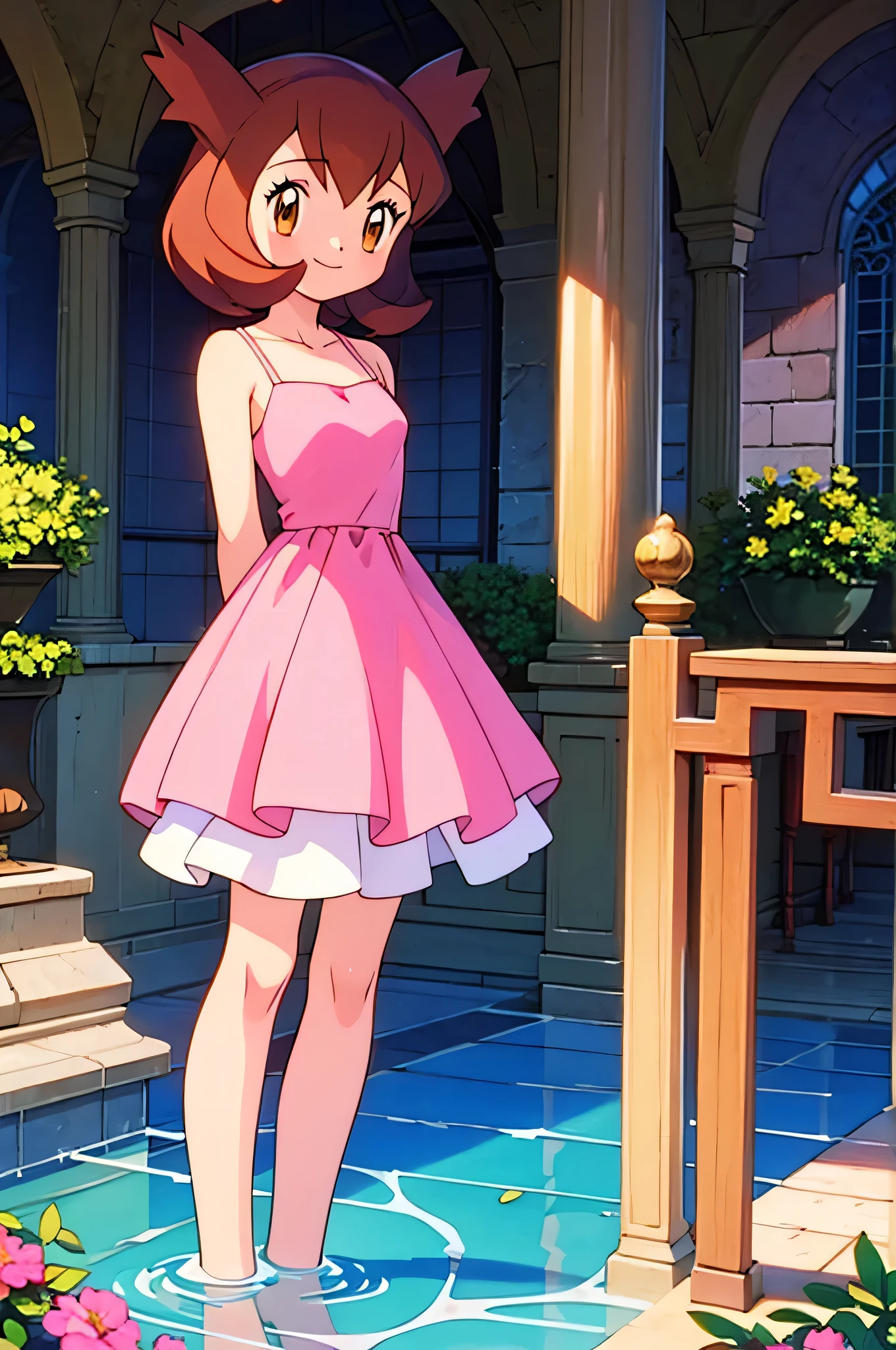 masterpiece, best quality, ultra-detailed, illustration, beautiful detailed eyes, very detailed illustration, cinematic lighting, 1 girl, solo, Pokemon Heroes (Bianca), Brown Hair, brown eyes, 1 girl, solo, sleeveless, collarbone, Pink Camisole dress, pink dress, intricate details, sharp focus, high resolution, the background of beautiful garden with columns, on a beautiful night, full moon, smile, standing near a water pool on the bottom, arms behind back, anime style, ultra-detailed, hdr, far at the bottom, in the center, Close up