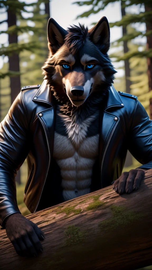 Sexy Posing, male, 30 years old, cute, eyeliner, short black hair, biting lip smile, black leather jacket, bedroom eyes, anthro, wolf ears, (black fur:1.5), wolf, forest background, 8k, hi res, (best quality, masterpiece), blue eyes, lying on log, wolf tail