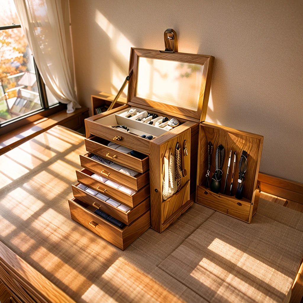 In this cozy room,A ray of sunlight shone on the table through the half-drawn curtains,Let the wood grain on the watch storage case shine with a faint sheen。There is a calm and serene atmosphere in the surrounding air。Several still lifes hang on the walls of the room,It adds a touch of elegance to the space。And on the other side of the room,A half-open window lets the breeze blow in,The pages on the small desk by the window flipped in the wind,This quiet scene gives a sense of tranquility and comfort。