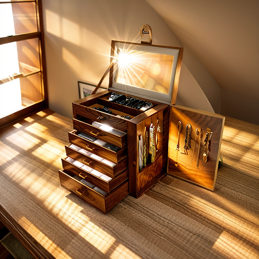 
In this cozy room，A ray of sunlight shone on the table through the half-drawn curtains，Let the wood grain on the watch storage case shine with a faint sheen。There is a calm and serene atmosphere in the surrounding air。Several still lifes hang on the walls of the room，It adds a touch of elegance to the space。And on the other side of the room，A half-open window lets the breeze blow in，The pages on the small desk by the window flipped in the wind，This quiet scene gives a sense of tranquility and comfort。