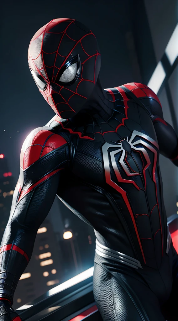 Miles Morales uniforme Black Spider-Man Marvel, 35mm lens, photography, ultra details, HDR, UHD,8K, Power Rangers 