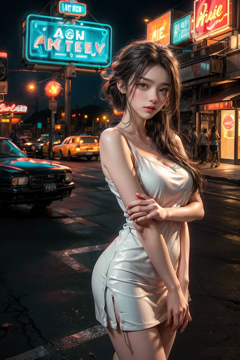 ((masterpiece, best quality, Best image quality, high resolution, realistic, raw photo, 8K)), Araped view of motel with cars parked in front, with neon sign, Woman waiting for guests in front of motel, Temptation, short dress and high heels, route 66, neon sign, 1 9 5 0 Second Americana Tourism, some have neon sign, Neon Lights Outside, neon advertising, gigantic neon sign, neon stores, few neon sign, neon sign in background,