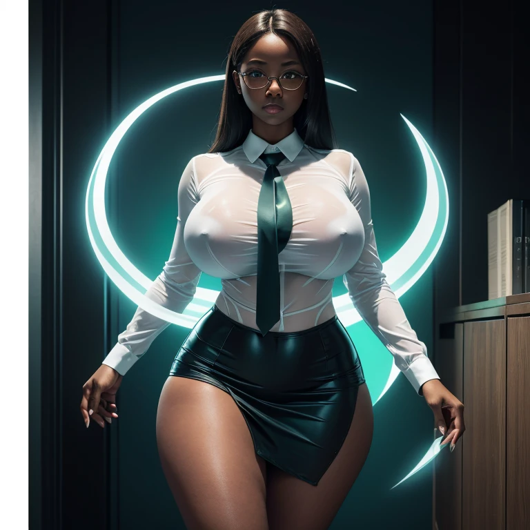 (masterpiece) (high Res), (ghost), (Perfect face), (perfect anatomy) (ghost body), green ghost woman in super tight clothes, (office suit), (mini skirt), shirt, tie, blue glowing eyes, round eyeglasses, huge breast, narrow waist, wide hips, thick thighs, Brown skin, (transparent body), black high heels, (Ghost)