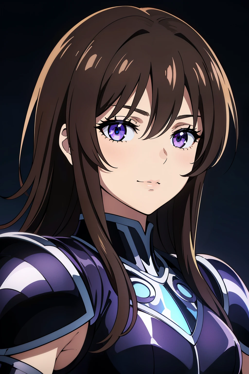 (high-quality, breathtaking),(expressive eyes, perfect face) portrait, Symmetrical Eyes, 1girl, female, solo, adult, black hair, hazel brown coloured eyes, short length hair, side bangs, fluffy hair, looking at viewer, portrait, black background, narrow eyes, soft eerie blue lighting background, rock terrain background, Hades Armor, Hypnos Saint Seiya Armor, Thanatos Saint Seiya Armor, Dark Purple Armor, trim, full plate, feminine face, cute smile, half body shot