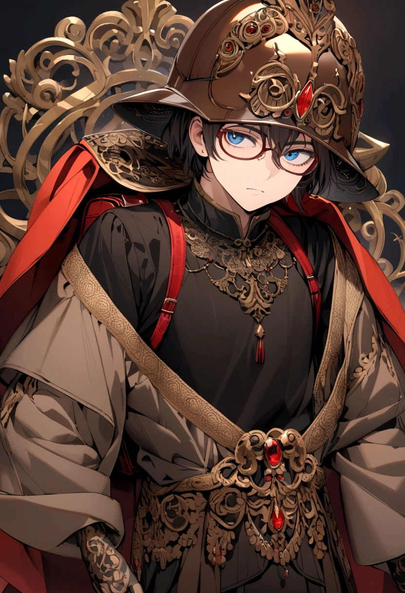 The boy wore a brown helmet with red rim, blue eyes, black-rimmed glasses, a black tank top, a red long-sleeved shirt, and a black backpack.