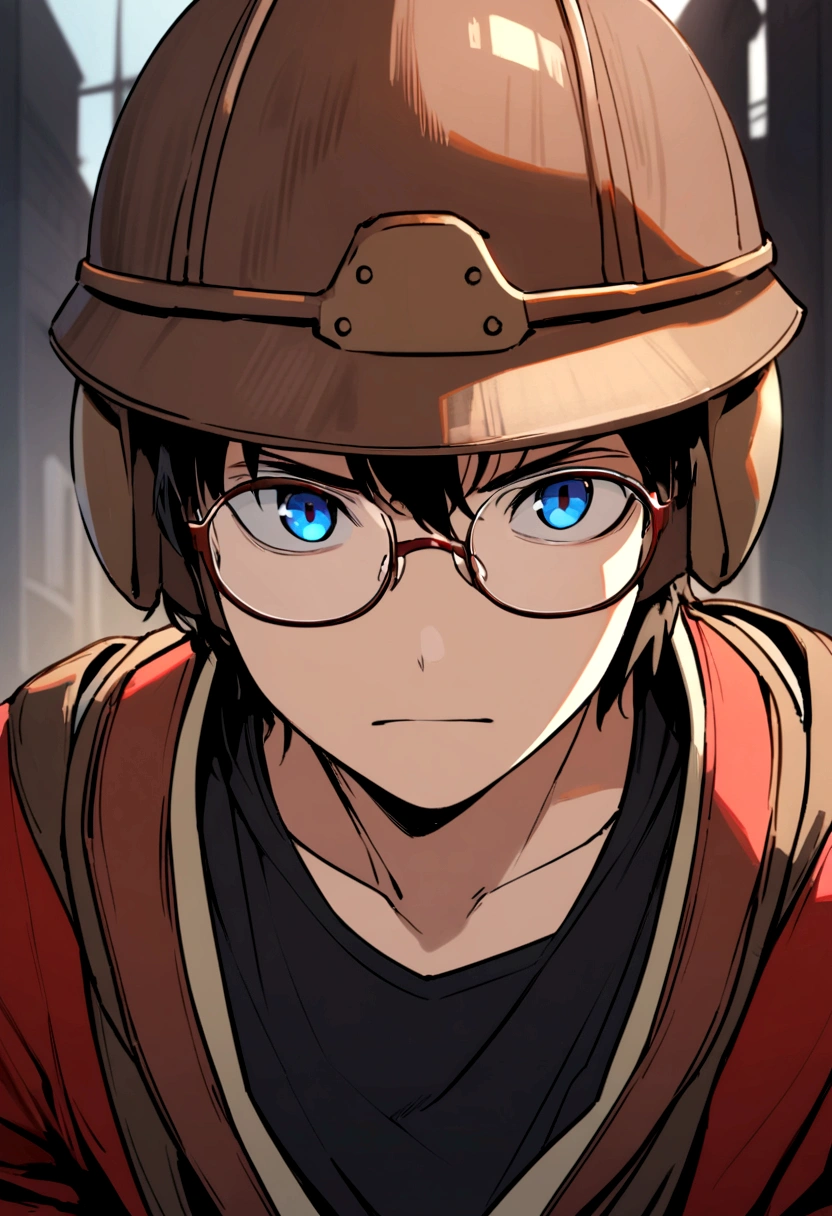 The boy wore a brown helmet with red rim, blue eyes, black-rimmed glasses, a black tank top, a red long-sleeved shirt, and a black backpack.