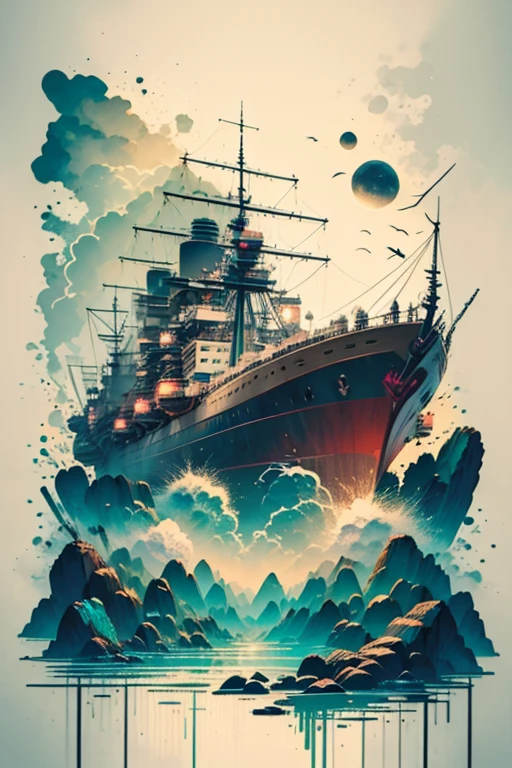 Hyper, quality, hyper detailed, extremely intricate, hyper maximalist, negative space, abstract, cloud system, storms, on deck of ship, storm tossed seas, ink