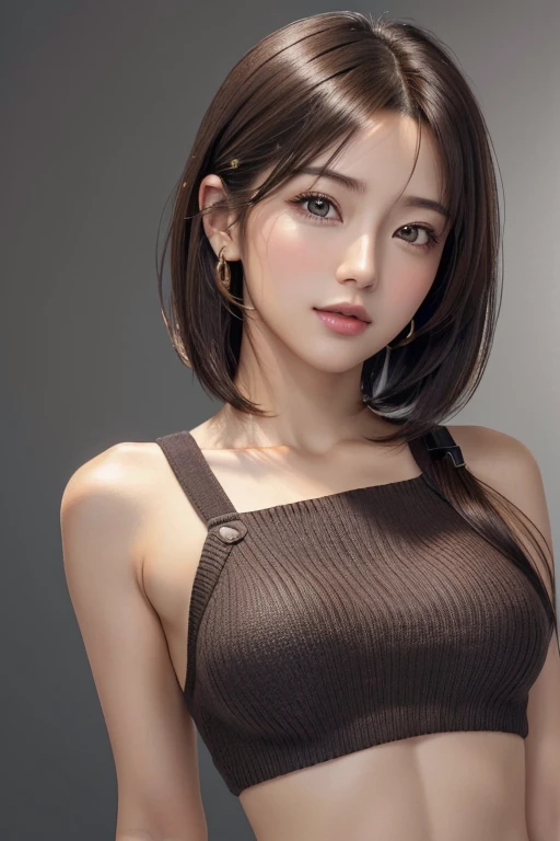 (representative work: 1.3), (8K, Practical, original photo, Best image quality: 1.4), (30 years old),Small face, Pretty Face, (Practical Face),without make-up、Natural Makeup、Light makeup、 (Dark Brown, Short Bob: 1.3), Beautiful hairstyle, Practical eyes, Beautiful details, (Realistic skin), Beautiful skin, (sweater),、Bust B cup、 Open the chest,confuse, charm, 超high resolution, Surreal, high resolution, Golden Ratio, Tifa、Gray background、