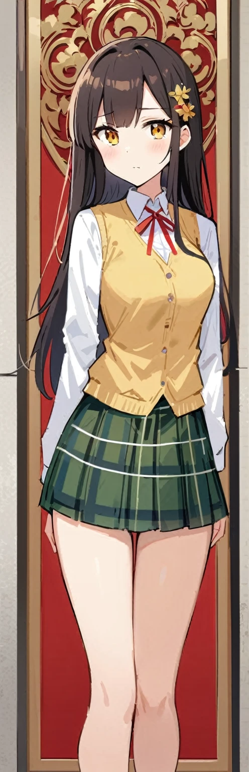 (work of art, best qualityer:1.2), 1 girl, standing alone,standing_to divide, 
Mikan Yuuki, eyes browns, chestnut hair, hair ornament,long hair,green plaid skirt, Sainan , , white  shirt, yellow vest,witheout panties

