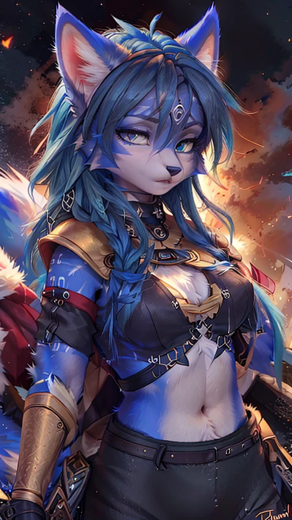 A beautiful and detailed (sweet portrait) wa ((Krystal)), Star Fox Krystal, sslim, lovable, green eyes, medium breasts, (((Long blue hair 1.3))), Decollete, anthro, furry, Uploaded E621, detailed fluffy fur, (wa Fluff-Kevlar, Bayard Wu, Personalami, Pino Daeni), detailed face, (fluffy), 1 girl, alone, sweet girl, 
