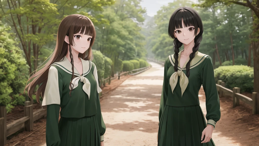 masterpiece, Highest quality, High resolution, aayoshino, , Slender, Long Hair, Twin Blade, Brown eyes, Hair that falls over the shoulders, , Sailor collar, neckerchief, Green Shirt, One piece sailor shirt, Long sleeve, Green Skirt, Long skirt, Are standing, Cowboy Shot, Outdoor, Person on the right, radiant face