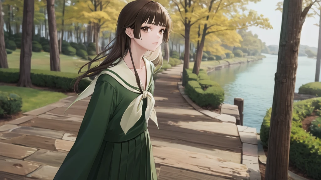 masterpiece, Highest quality, High resolution, aayoshino, , Slender, Long Hair, Twin Blade, Brown eyes, Hair that falls over the shoulders, , Sailor collar, neckerchief, Green Shirt, One piece sailor shirt, Long sleeve, Green Skirt, Long skirt, Are standing, Cowboy Shot, Outdoor, Person on the right, radiant face