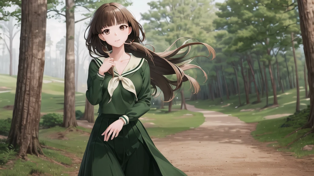 masterpiece, Highest quality, High resolution, aayoshino, , Slender, Long Hair, Twin Blade, Brown eyes, Hair that falls over the shoulders, , Sailor collar, neckerchief, Green Shirt, One piece sailor shirt, Long sleeve, Green Skirt, Long skirt, Are standing, Cowboy Shot, Outdoor, Person on the right, radiant face