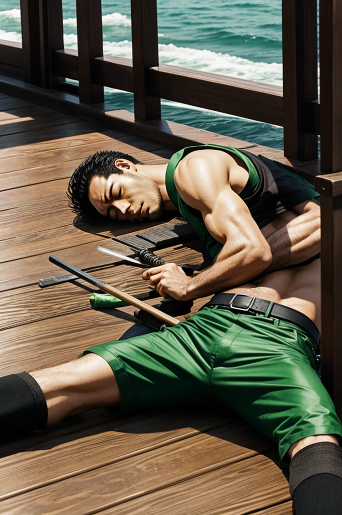 Roronoa Zoro, drunk while sleeping on deck.