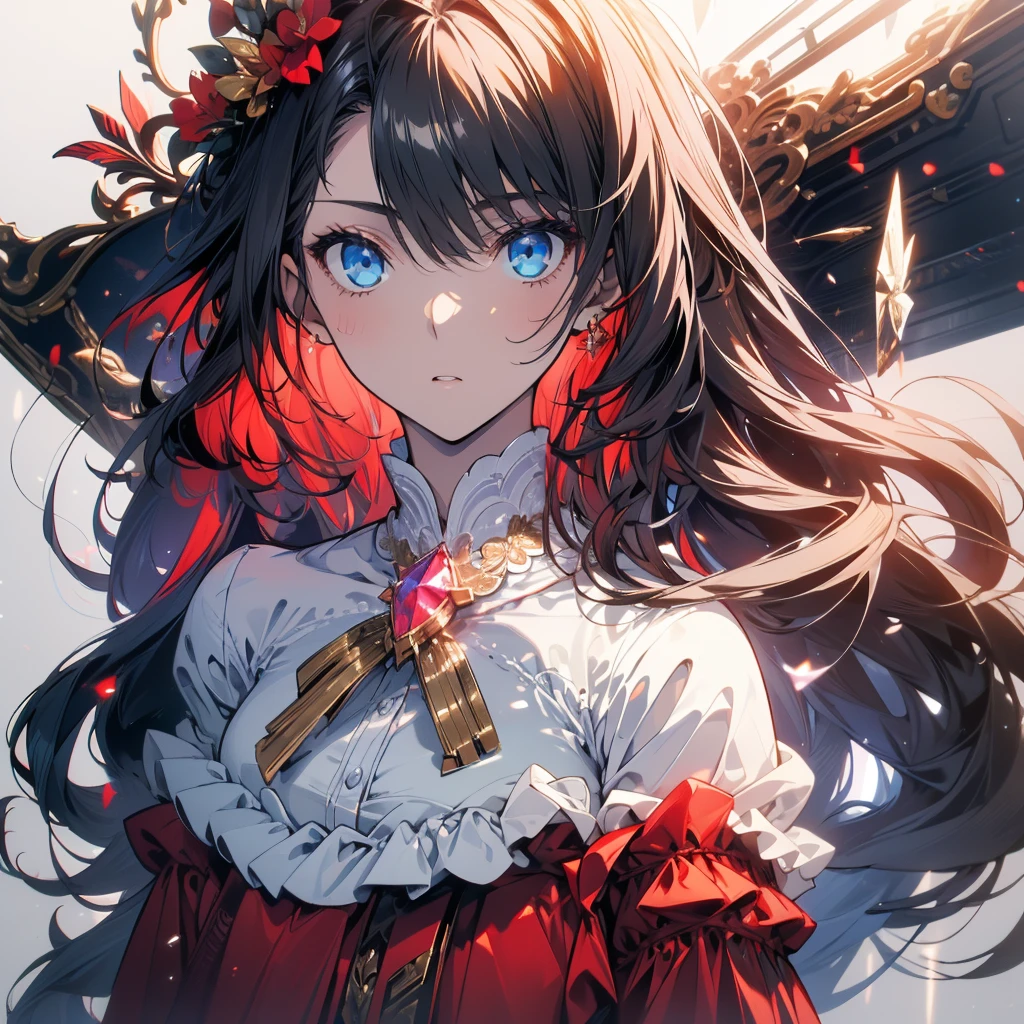 ((masterpiece, best quality)), Delicate face,magician,Gold and red,whole body,Standing picture,Long legs,Large Breasts,Gradient long wavy hair,Perfect body proportions,Beautiful blue eyes,Extremely beautiful,transparent, Pure white background,crystal,Sexy Lingerie,Lace,Garter