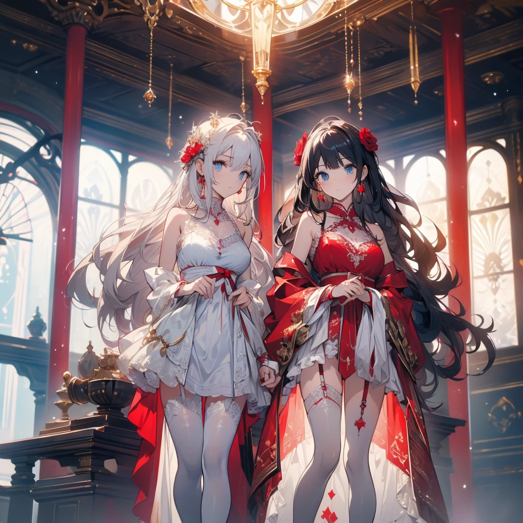 ((masterpiece, best quality)), Delicate face,Magician,Gold and red,whole body,Standing picture,Long legs,Large Breasts,Gradient long wavy hair,Perfect body proportions,Beautiful blue eyes,Extremely beautiful,transparent, Pure white background,cloud,flame,Erotic_lingerie,Sexy_Bikini,Lace,Garter stockings