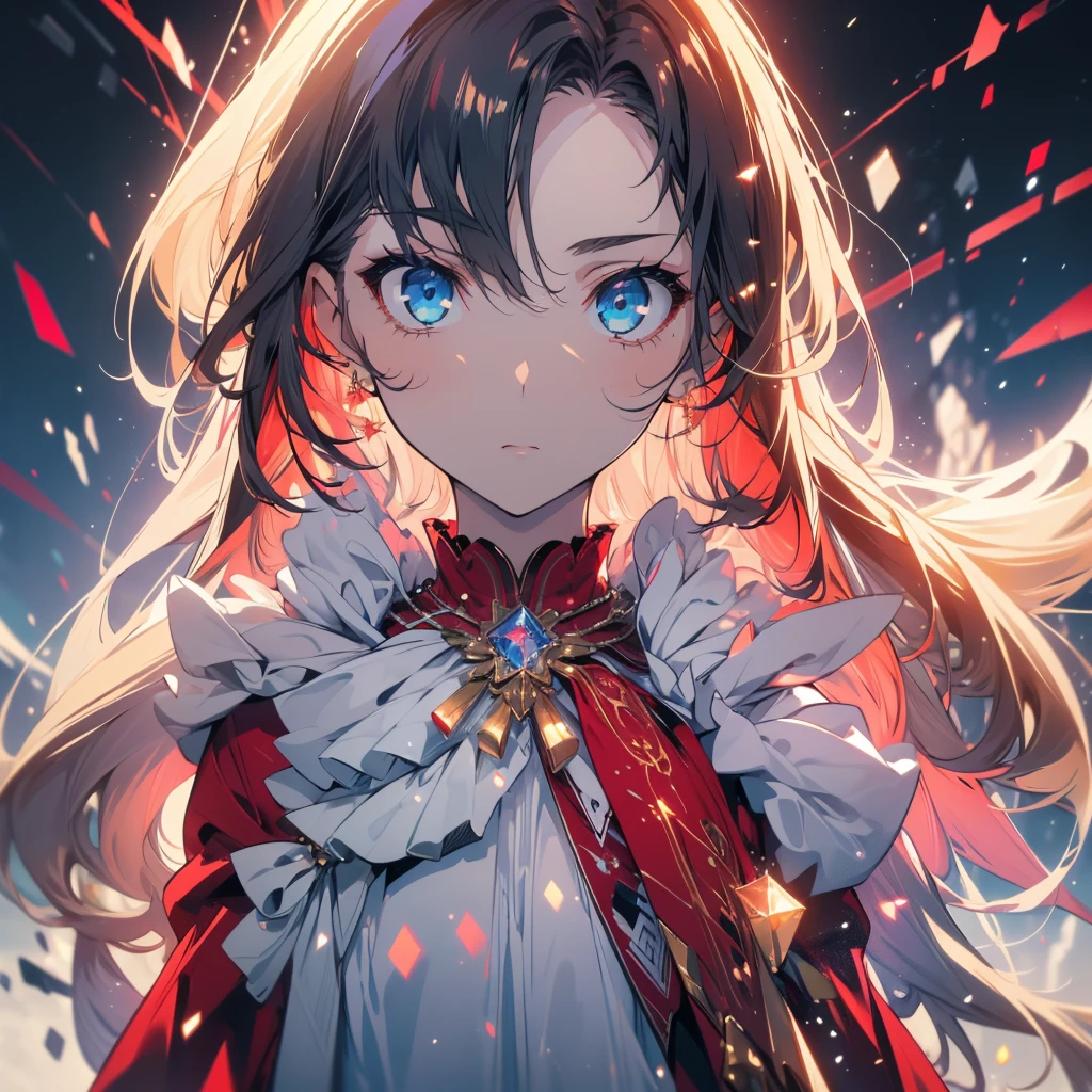 ((masterpiece, best quality)), Delicate face,magician,Gold and red,whole body,Standing picture,Long legs,Large Breasts,Gradient long wavy hair,Perfect body proportions,Beautiful blue eyes,Extremely beautiful,transparent, Pure white background,crystal,Sexy Lingerie,Lace,Garter