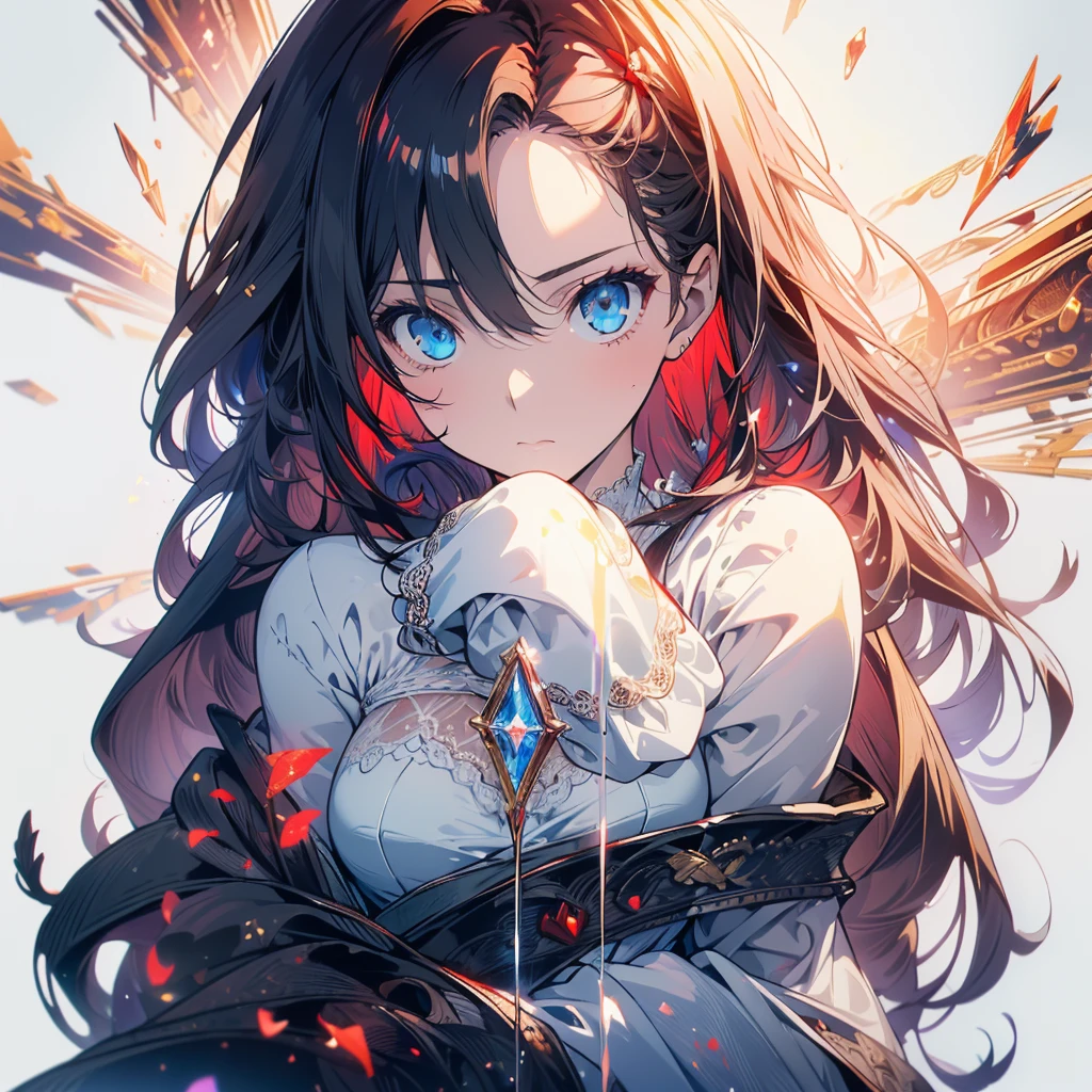 ((masterpiece, best quality)), Delicate face,magician,Gold and red,whole body,Standing picture,Long legs,Large Breasts,Gradient long wavy hair,Perfect body proportions,Beautiful blue eyes,Extremely beautiful,transparent, Pure white background,crystal,Sexy Lingerie,Lace,Garter