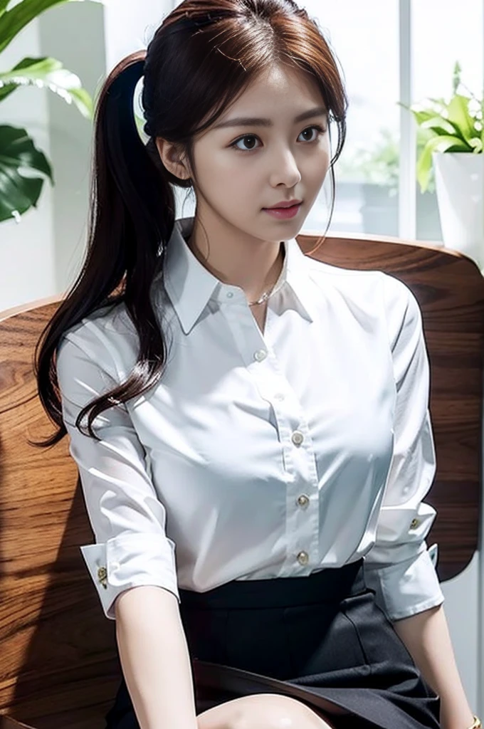 arafed woman sitting on a chair in a white shirt and black skirt, Wearing a blouse, Office Clothes, Wear a shirt, 白いWear a shirt, Korean Girls, wearing a White blouse, Korean women, 白いWear a shirt, Open shirt, Quality white shirt, 白いWear a shirt, Businesswoman, タイトなWear a shirtいる, White blouse, Business Attire