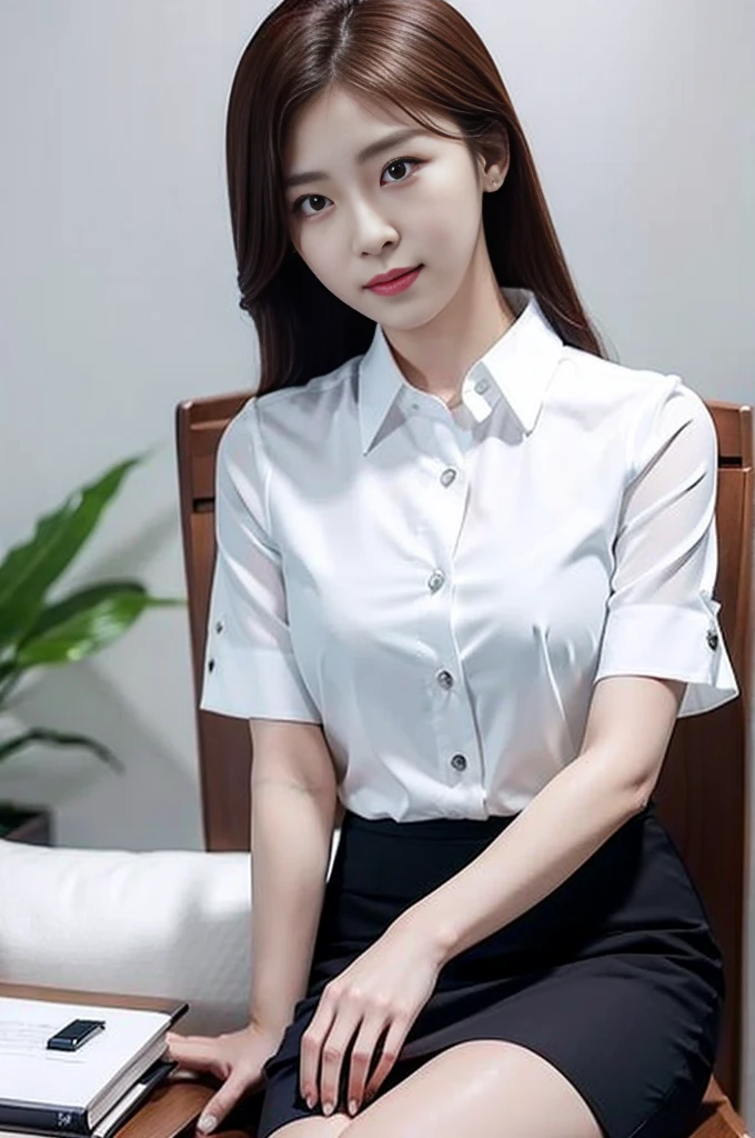 arafed woman sitting on a chair in a white shirt and black skirt, Wearing a blouse, Office Clothes, Wear a shirt, 白いWear a shirt, Korean Girls, wearing a White blouse, Korean women, 白いWear a shirt, Open shirt, Quality white shirt, 白いWear a shirt, Businesswoman, タイトなWear a shirtいる, White blouse, Business Attire