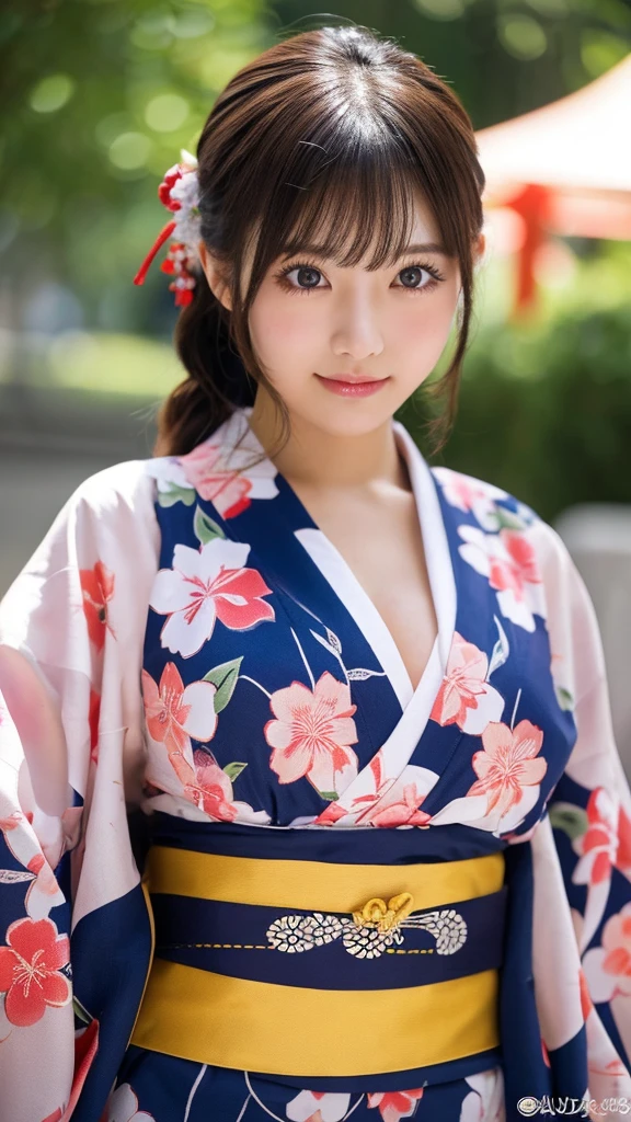 (8k、high resolution、High resolution、Fine details)Beautiful eyelashes、High resolutionの顔、Zoom out、18 years old、 Beautiful detailed eyes、Random cute hairstyles、c cup breasts、yukata、Summer festival、Japan、Standing posture、whole body