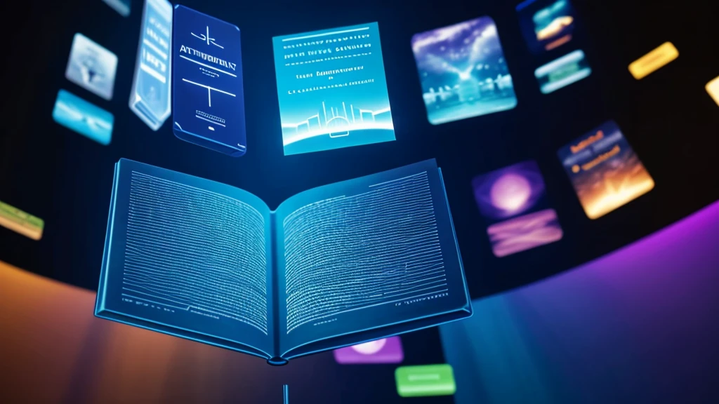 translucent books hovering in mid-air. In the foreground, a person is interacting with a holographic display projected from a smartphone. The display showcases the Audible app interface with dynamic visual representations of audiobook covers and immersive sound waves emanating from the device.