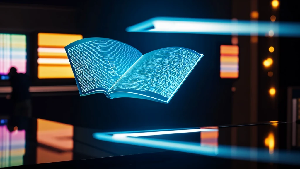 translucent books hovering in mid-air. In the foreground, a person is interacting with a holographic display projected from a smartphone. The display showcases the Audible app interface with dynamic visual representations of audiobook covers and immersive sound waves emanating from the device.