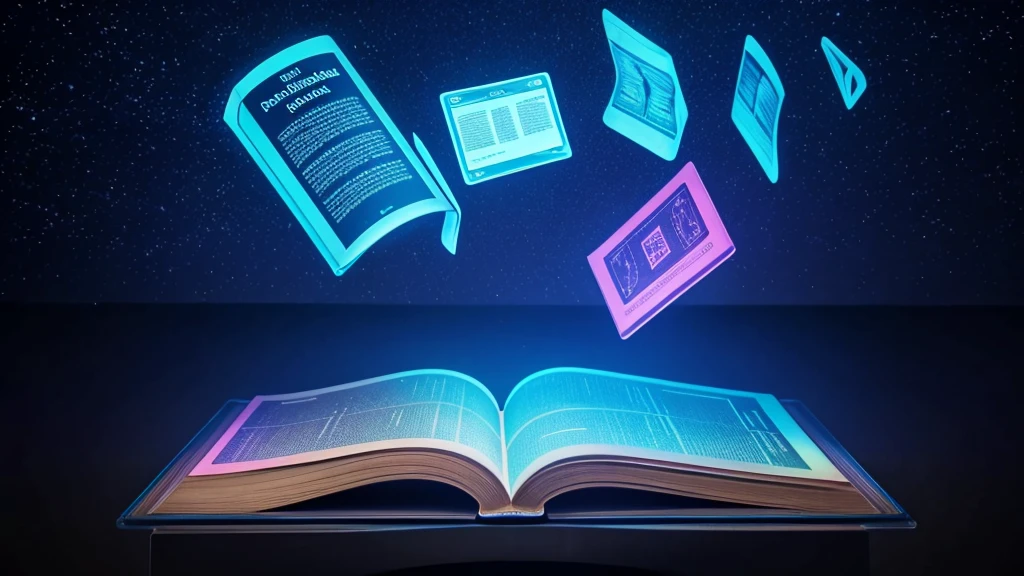 translucent books hovering in mid-air. In the foreground, a person is interacting with a holographic display projected from a smartphone. The display showcases the Audible app interface with dynamic visual representations of audiobook covers and immersive sound waves emanating from the device.
