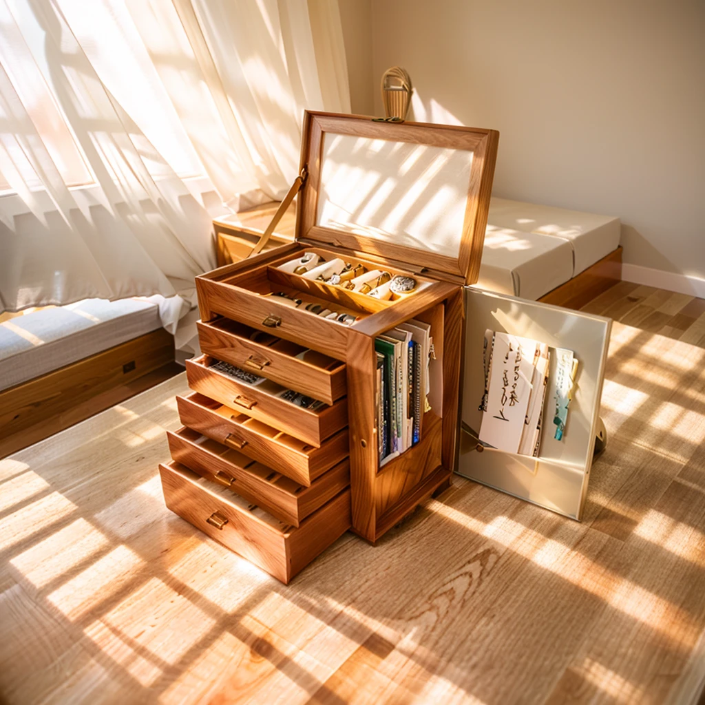In this cozy room,A ray of sunlight shone through the half-drawn curtains on the table,Let the wood grain on the watch storage box shine with a faint luster。There was a calm and peaceful atmosphere in the air around them。There are several still lifes hanging on the walls of the room,It adds a touch of elegance to the space。And on the other side of the room,The half-open window lets in the breeze,The pages on the small desk by the window turned in the wind,This quiet scene gives a sense of tranquility and comfort。