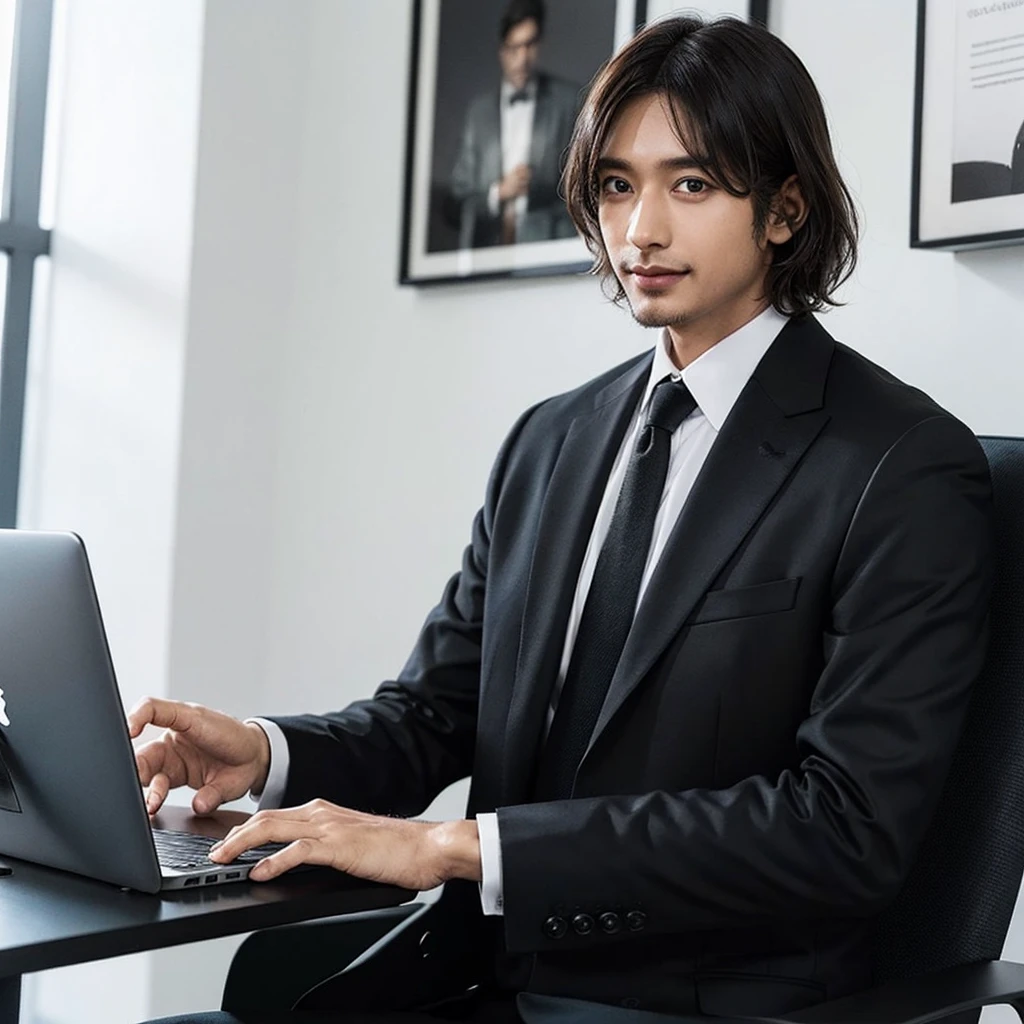 Carry a captivating portrait of Mani, the popular YouTuber, casually seated in an immaculate black office, engrossed in his laptop, wearing a charcoal black suit that exudes an aura of sophistication, complemented by a dark green necktie that subtly adds a pop of color. His smile, radiant and infectious, fills the frame in perfect detail (1:1). The office, meticulously clean, is bathed in a soft, warm light that accentuates the pristine black surfaces. The portrait is rendered with extraordinary detail, bringing every facet of Mani's features into sharp focus, from the wrinkles around his eyes