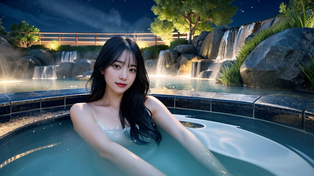 pretty girl、Take a bath in the open-air bath、Black hair Long hair、Iris、hot spring, water vapor, night (figure: 1.0), A magnificent composition, Realistic lighting, HD detailed, Tabletop, Highest quality, (Highly detailed CG synthesis 8k wallpaper)