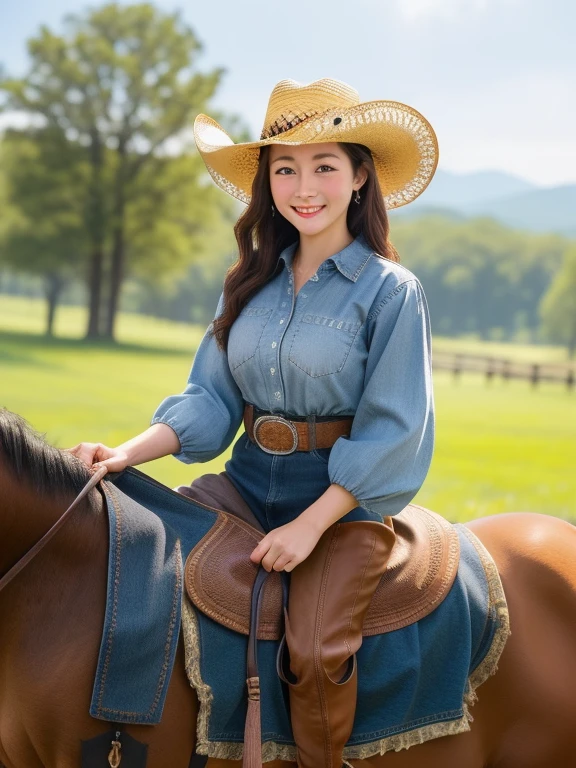 (best quality,8K,Practical,Extremely detailed) A cowgirl outfit、Girl wearing a cowboy hat, riding on a Practical horse while looking at the viewer with a beautiful smile. Capture the scene with vivid colors and sharp focus, Bring it to life. The girl's eyes sparkle with exquisite details, Plus her charming lips. The majesty of the horse adds depth to the composition. The overall atmosphere is reminiscent of Western landscapes, With a hint of adventure . The light softly illuminates the girl's face, Create a warm and pleasant atmosphere. This is a masterpiece that combines the charm of cowgirls with the power and grace of horses.