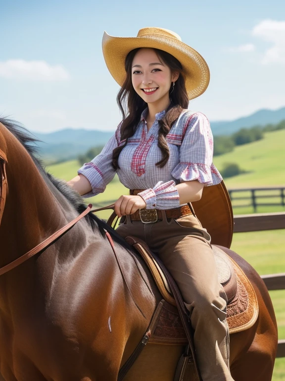(best quality,8K,Practical,Extremely detailed) A cowgirl outfit、Girl wearing a cowboy hat, riding on a Practical horse while looking at the viewer with a beautiful smile. Capture the scene with vivid colors and sharp focus, Bring it to life. The girl&#39;s eyes sparkle with exquisite details, Plus her charming lips. The majesty of the horse adds depth to the composition. The overall atmosphere is reminiscent of Western landscapes, With a hint of adventure . The light softly illuminates the girl&#39;s face, Create a warm and pleasant atmosphere. This is a masterpiece that combines the charm of cowgirls with the power and grace of horses.