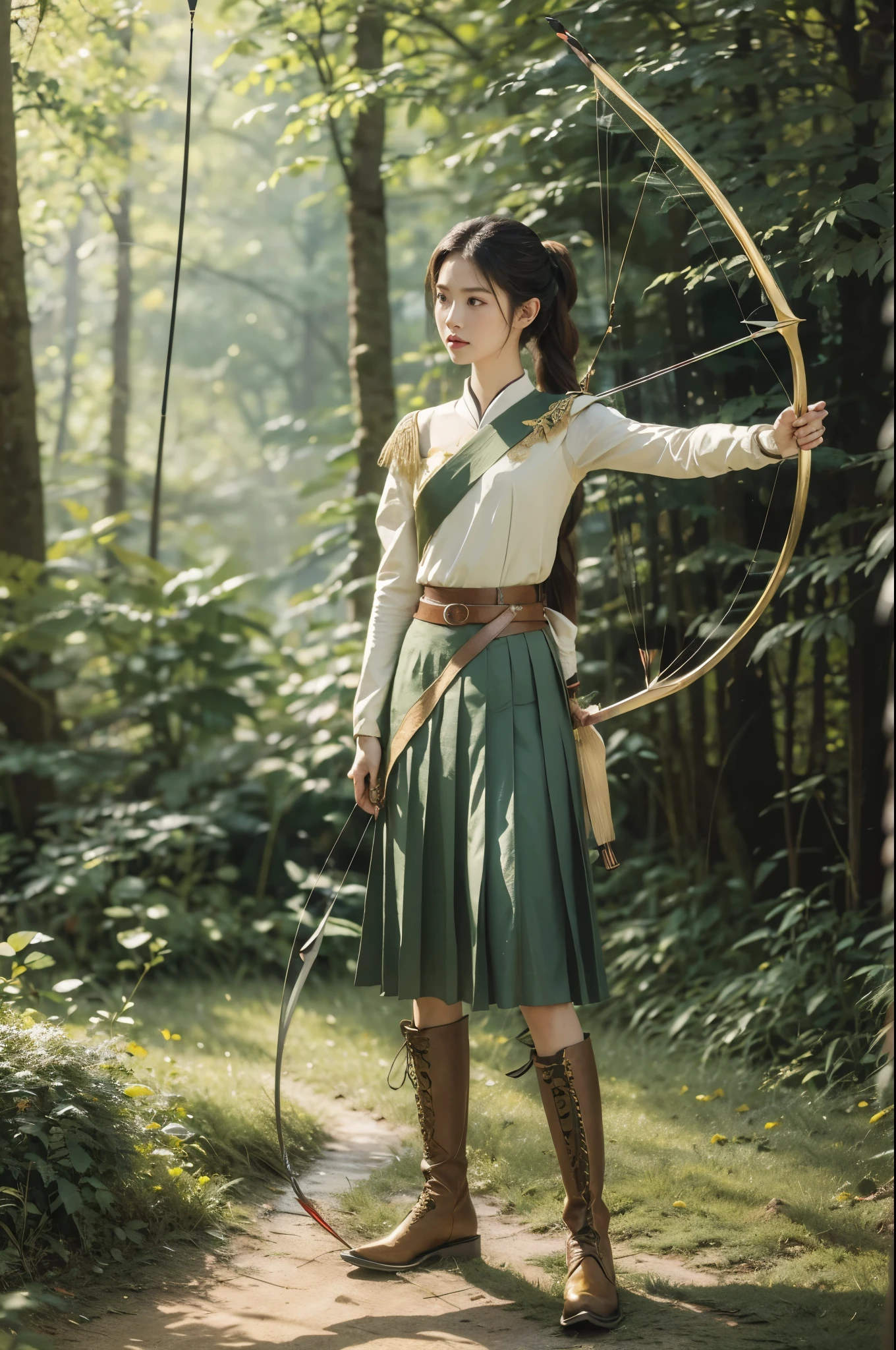 (((best quality))),(((ultra detailed))),(((masterpiece))),illustration, 1girl,solo,slim,thin,flat chest,small breasts, Brunette, Manchurian archer, summery subarctic forest,short ponytail, piercing green eyes, traditional Manchurian costume, vibrant blue, golden embroidery, pleated skirt, broad belt, deerskin boots, lush forest, tall trees, canopy of leaves, sunlight, crisp air, birds chirping, leaves rustling, serene setting, archery,(bow and arrow:1.3), grace and power, strength and resilience, natural beauty,((standing,upper body))