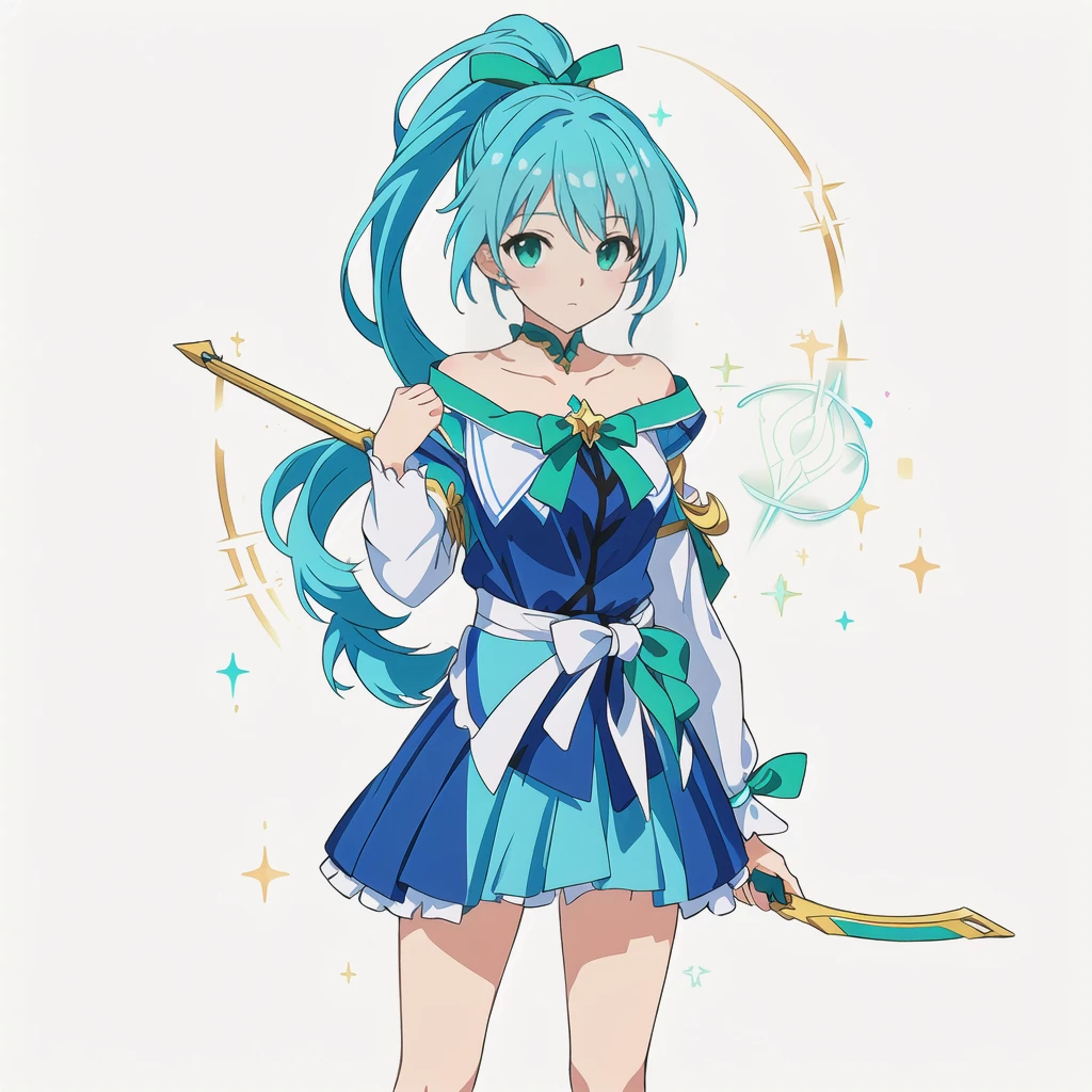 Highest quality, high resolution, High quality anime art style, Official Art, Smooth anime CG art, Stylized anime, Cute 3D anime girl render, Visual Novel Sprites, White background, whole body, Anime-style 3D, Smooth anime CG art, humanoid woman, JRPG Characters, Magical Girl Style, Anime woman in a blue dress with green ribbon, Turquoise Hair, ponytail, Neat hairstyle, tall, He holds a magic bow in his left hand., 20-year-old,