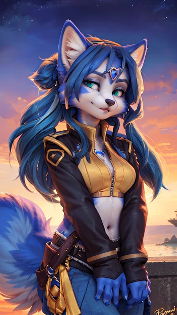 A beautiful and detailed (sweet portrait) wa ((Krystal)), Star Fox Krystal, sslim, lovable, green eyes, medium breasts, (((Long blue hair 1.3))), Decollete, anthro, furry, Uploaded E621, detailed fluffy fur, (wa Fluff-Kevlar, Bayard Wu, Personalami, Pino Daeni), detailed face, (fluffy), 1 girl, alone, sweet girl, 
