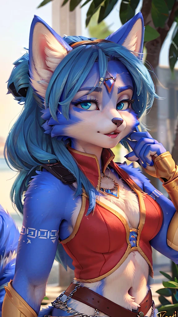 A beautiful and detailed (sweet portrait) wa ((Krystal)), Star Fox Krystal, sslim, lovable, green eyes, medium breasts, (((Long blue hair 1.3))), Decollete, anthro, furry, Uploaded E621, detailed fluffy fur, (wa Fluff-Kevlar, Bayard Wu, Personalami, Pino Daeni), detailed face, (fluffy), 1 girl, alone, sweet girl,