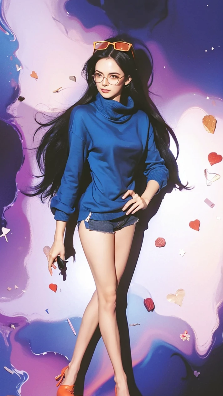 Realistic Nico Robin, blue sweater up to his thighs covering his shorts, black hair, glasses on top of his head, orange glasses, standing crossed legs. 